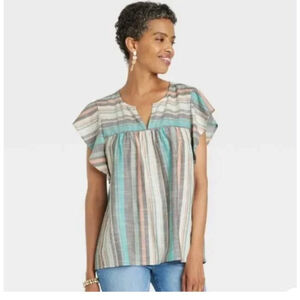 Knox Rose Striped Blouse Top XXL Blue beige nautical ocean beachwear babydoll